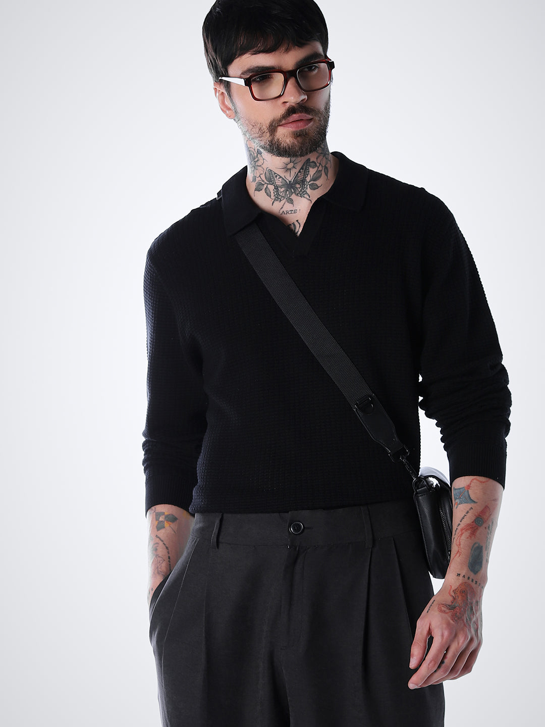 Structured Knitted Regular Fit Polo - Black