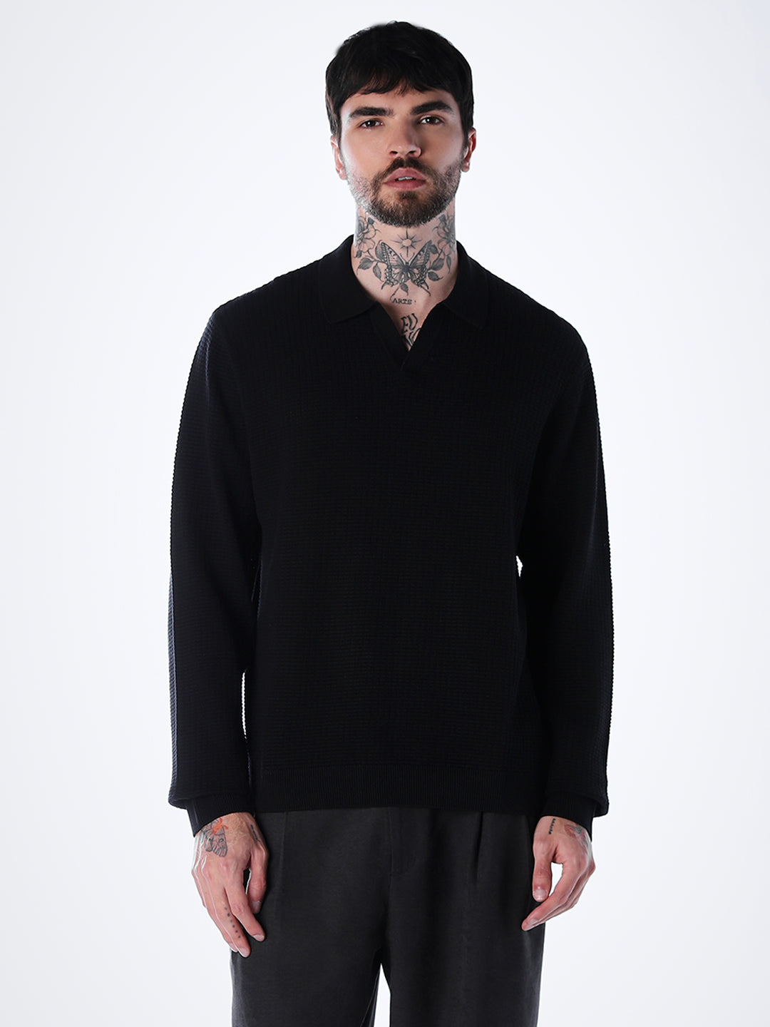 Structured Knitted Regular Fit Polo - Black