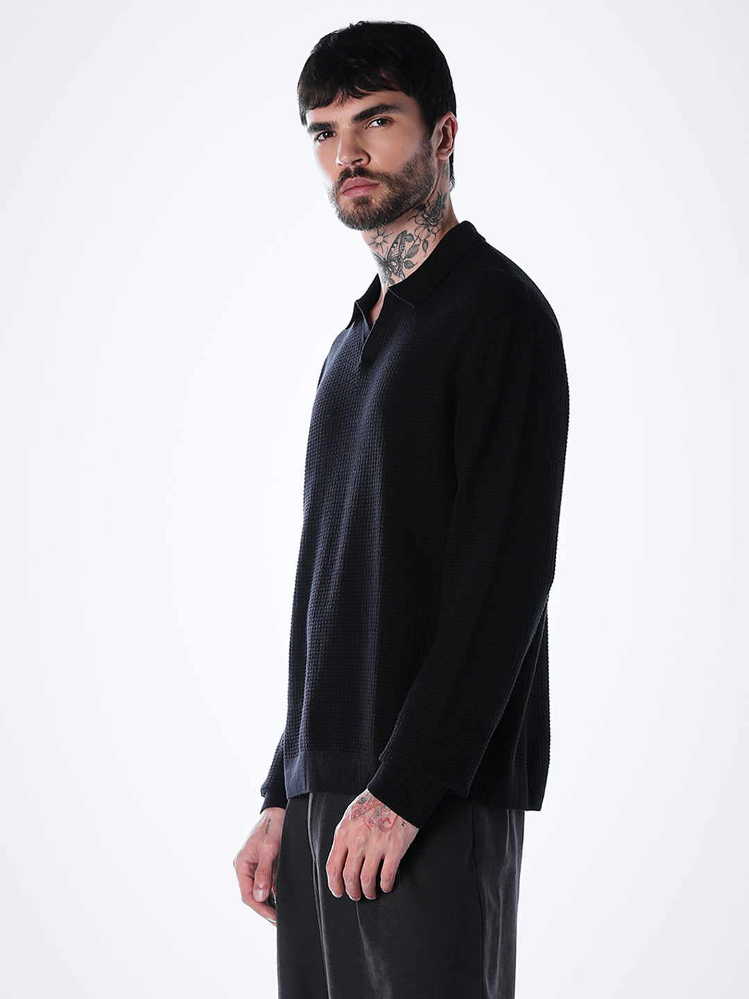 Structured Knitted Regular Fit Polo - Black
