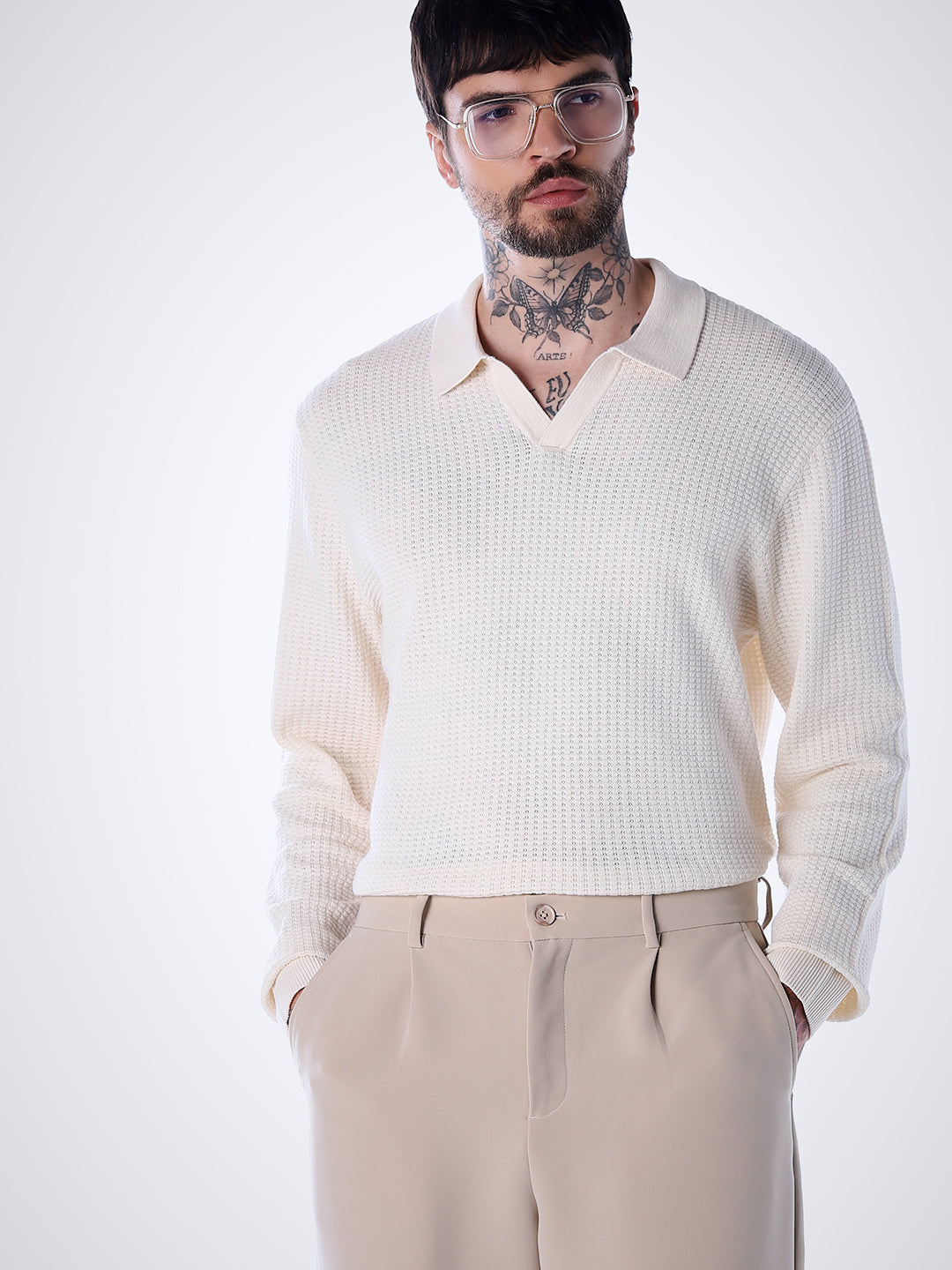 Structured Knitted Regular Fit Polo - White - L
