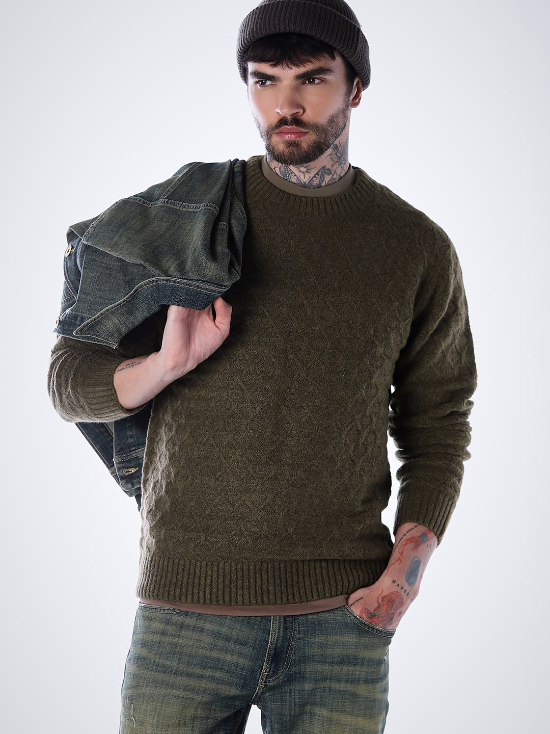 Structured Crew Neck Pullover - Green - S