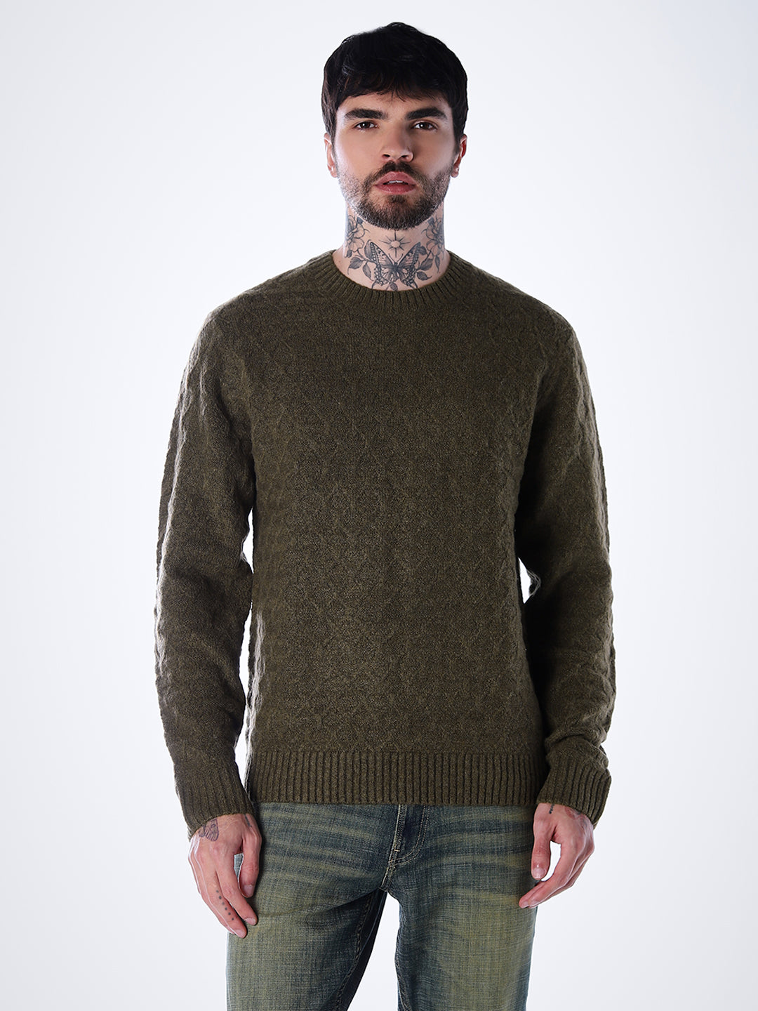 Structured Crew Neck Pullover - Green