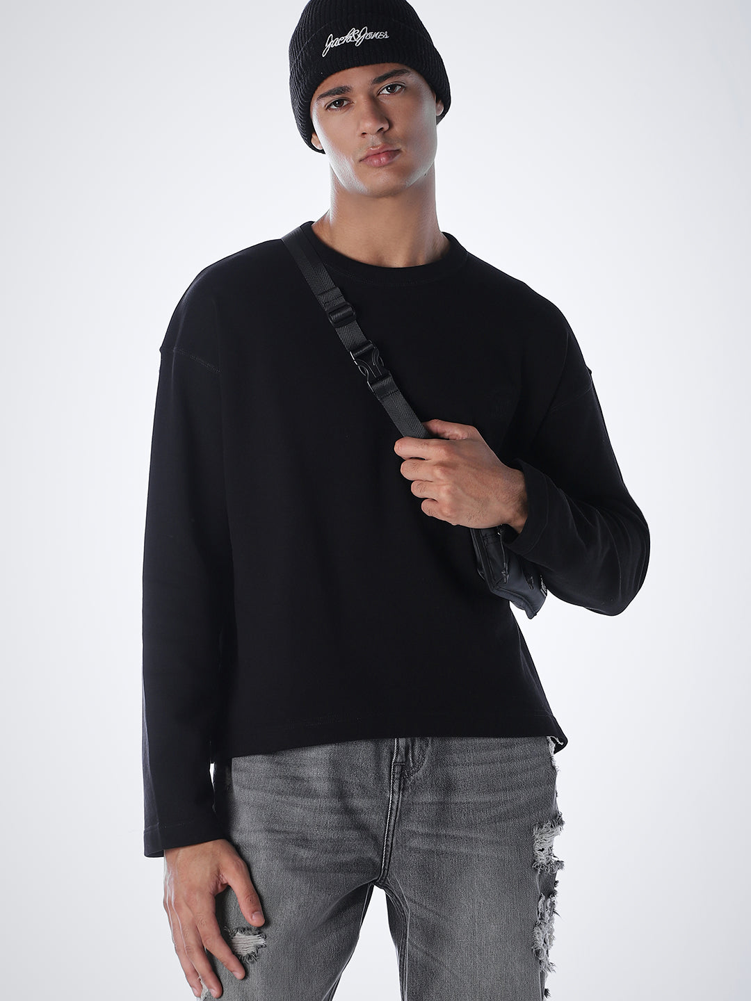 Crew Neck Cotton Sweatshirt - Black