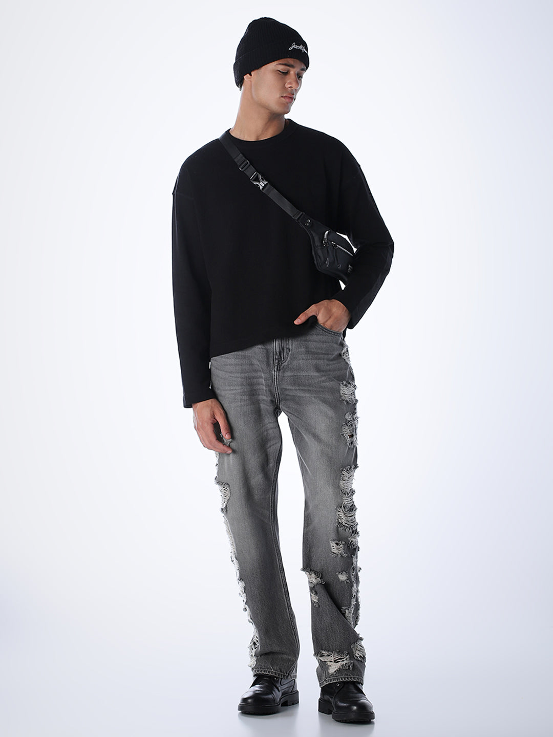 Crew Neck Cotton Sweatshirt - Black