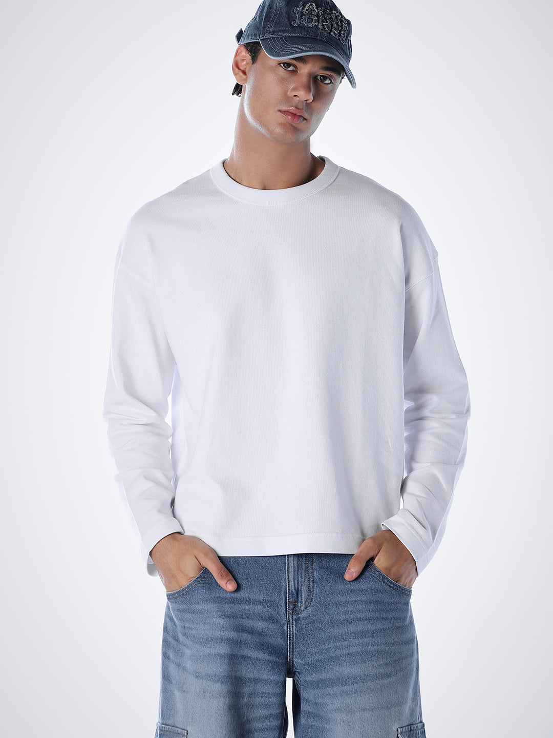 Crew Neck Cotton Sweatshirt - White - S