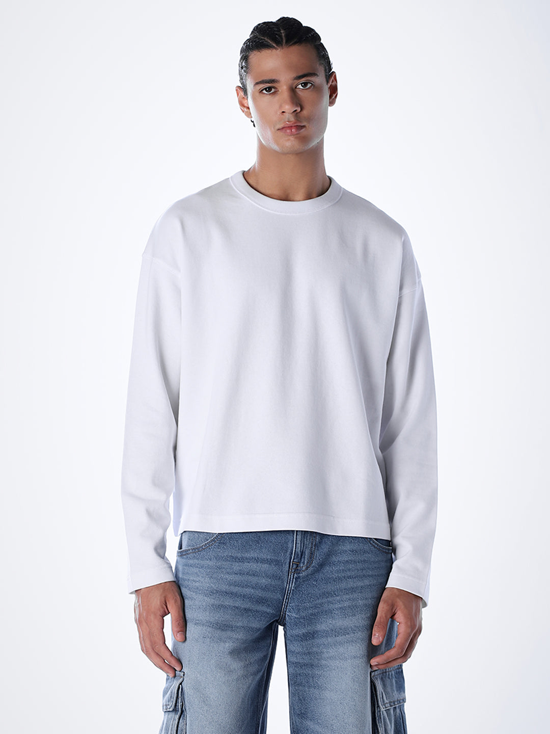 Crew Neck Cotton Sweatshirt - White