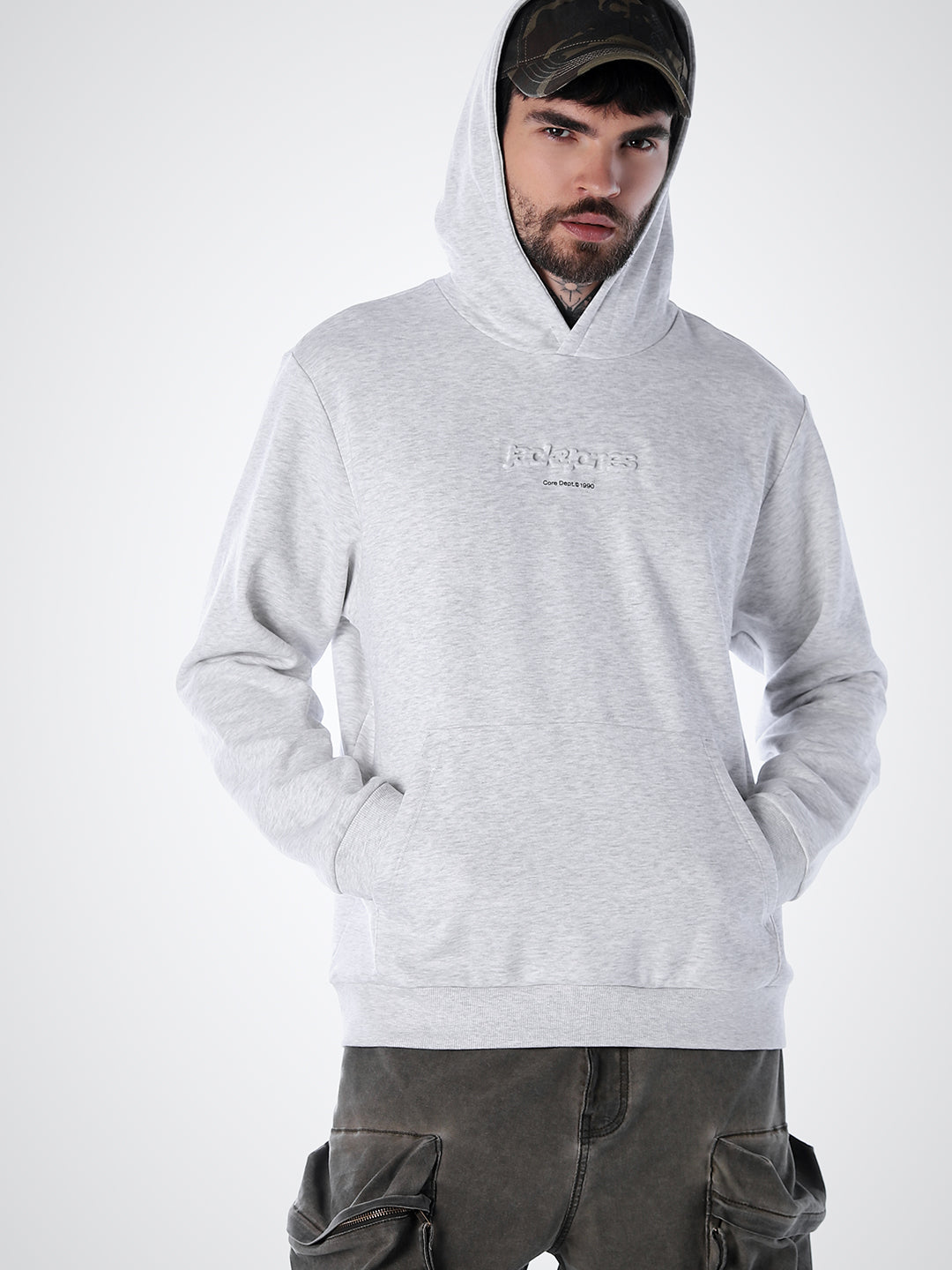 Embossed Text Hoodie - White Mélange