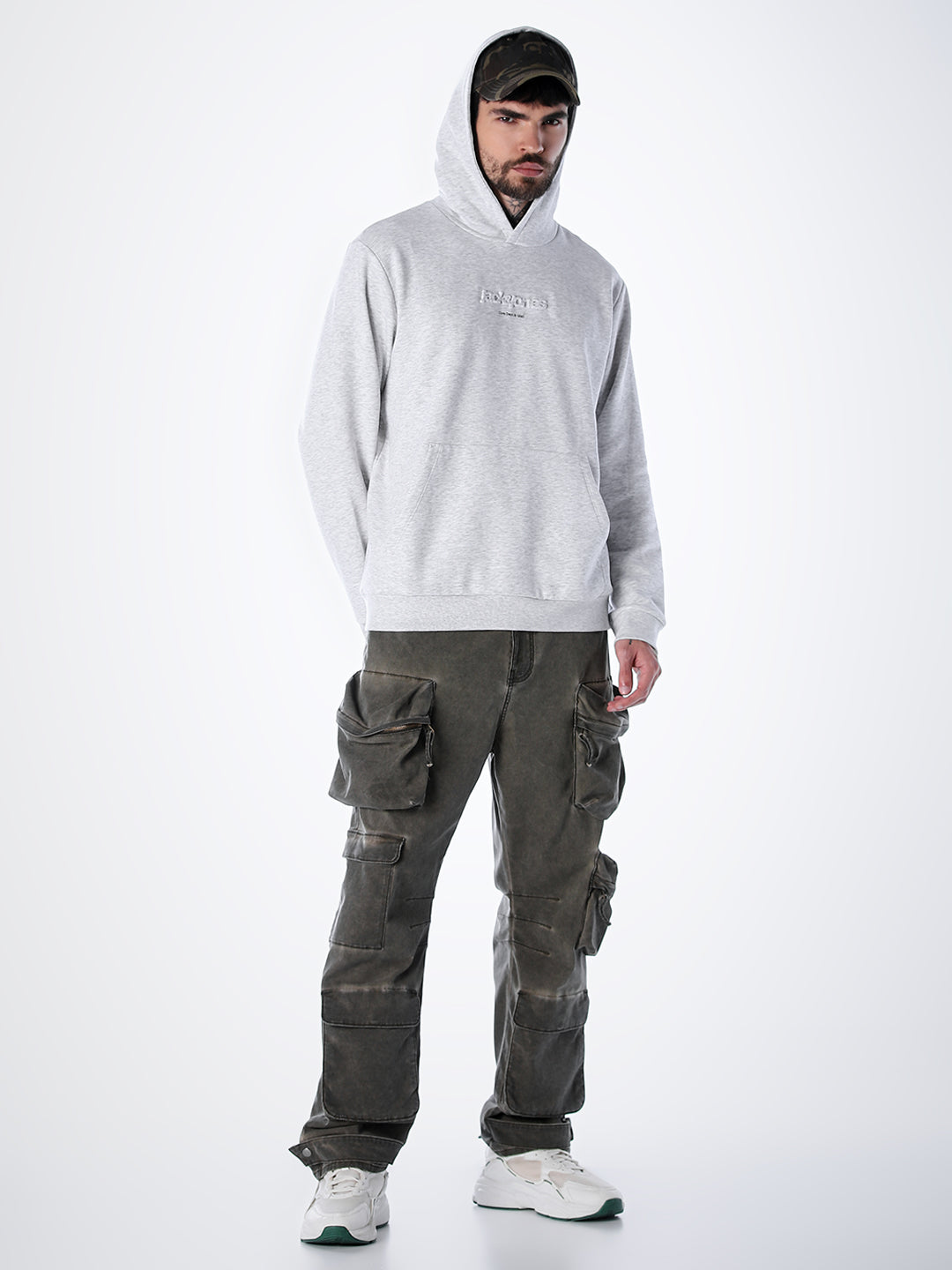Embossed Text Hoodie - White Mélange