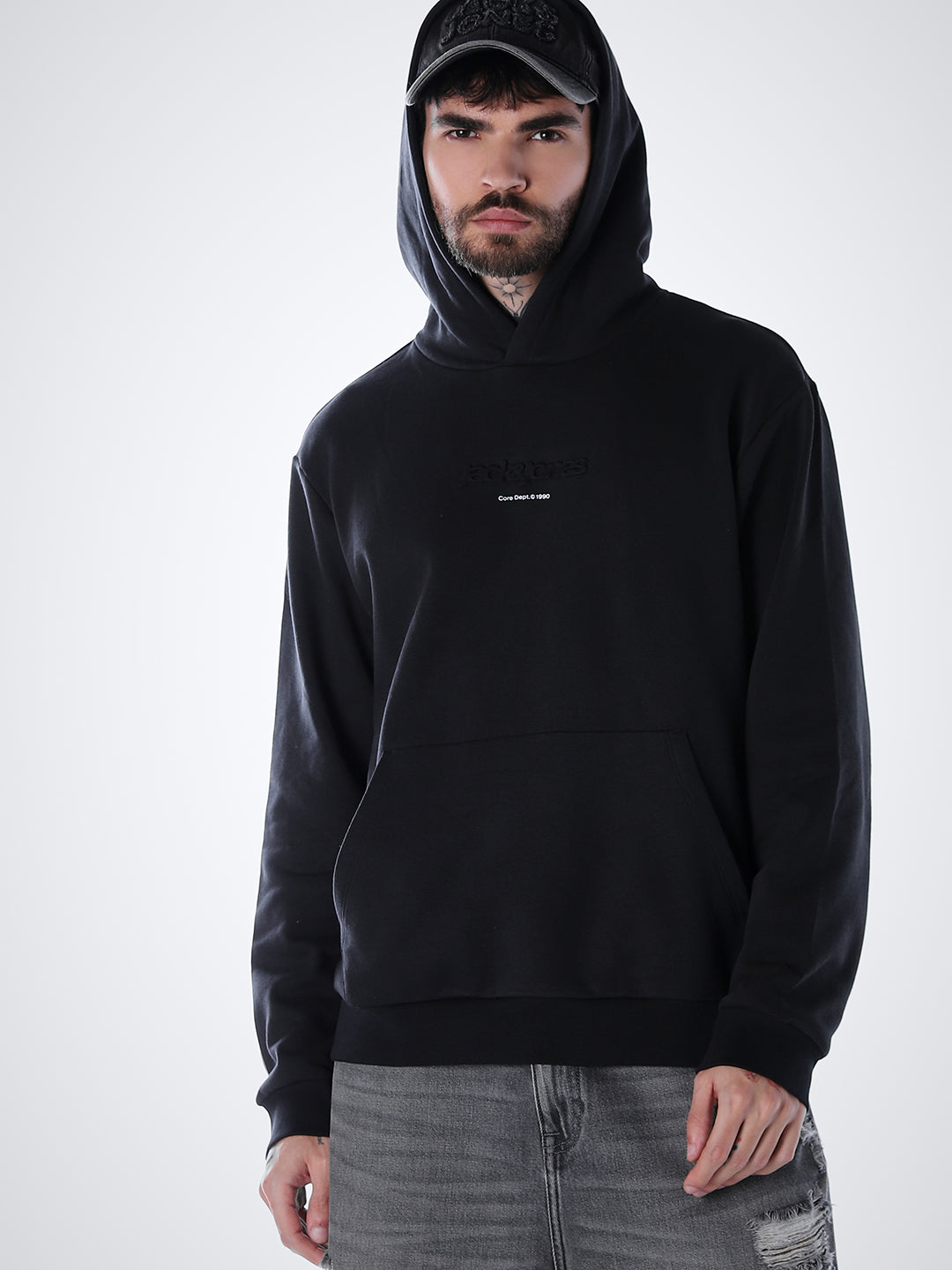 Embossed Text Hoodie - Black - L