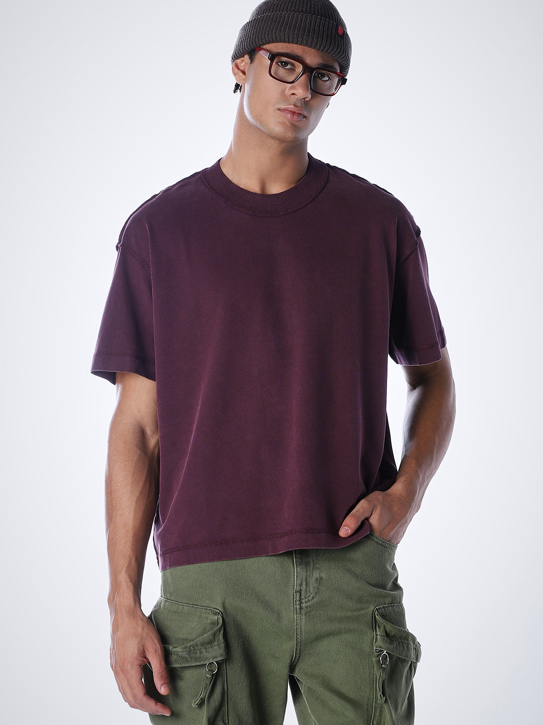 Acid Wash Cotton T-shirt - Maroon - M