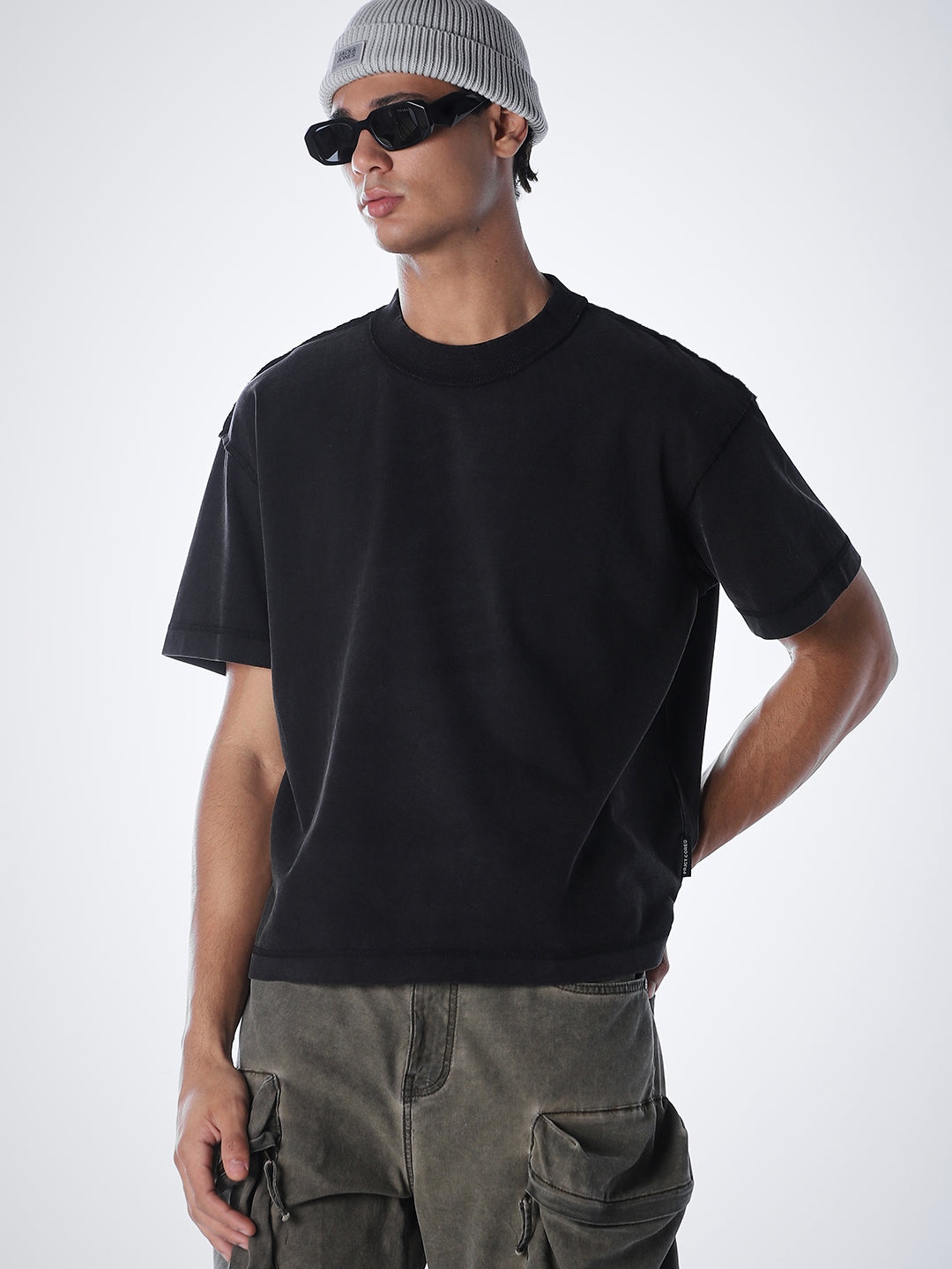 Acid Wash Cotton T-shirt - Black - S