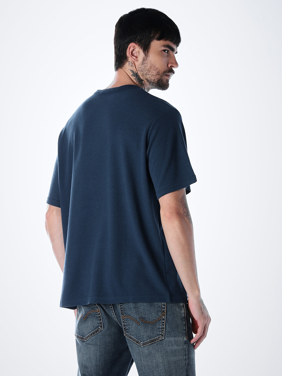 Structured Crew Neck Oversized T-shirt - Blue