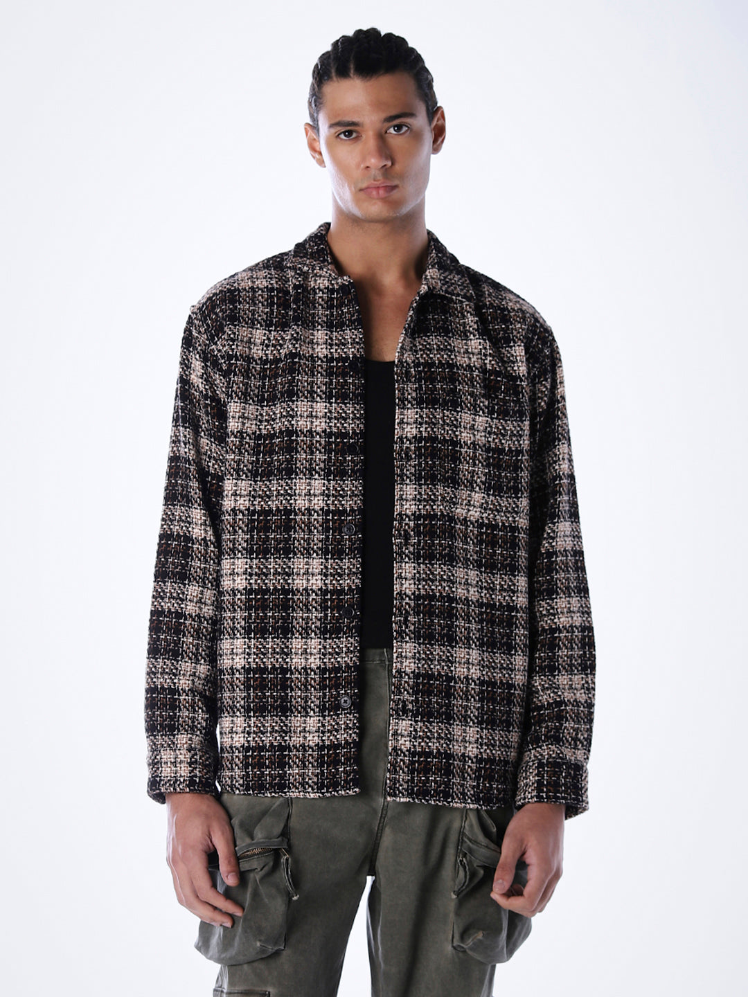 Thread Check Print Overshirt - Black