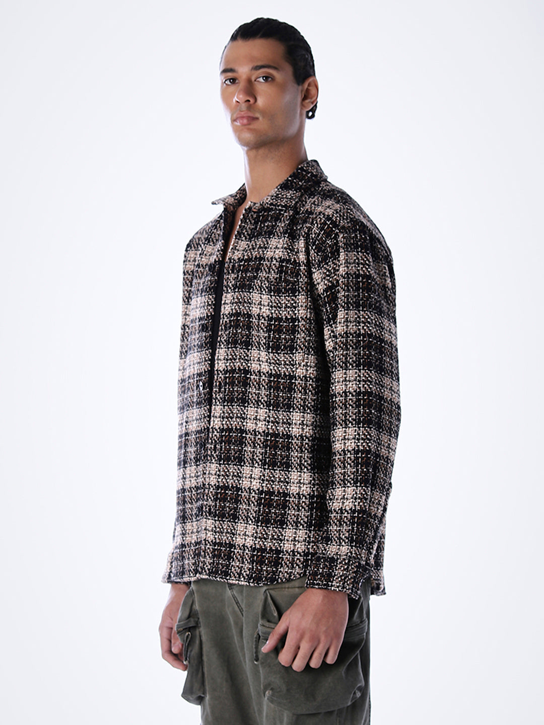 Thread Check Print Overshirt - Black