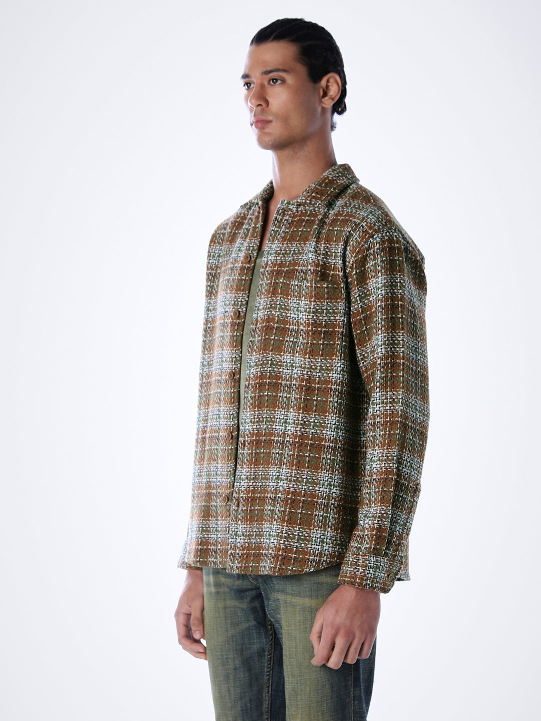 Thread Check Print Overshirt - Brown