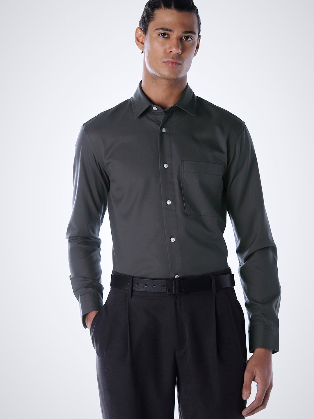 Lyocell Slim Fit Shirt - Grey - S