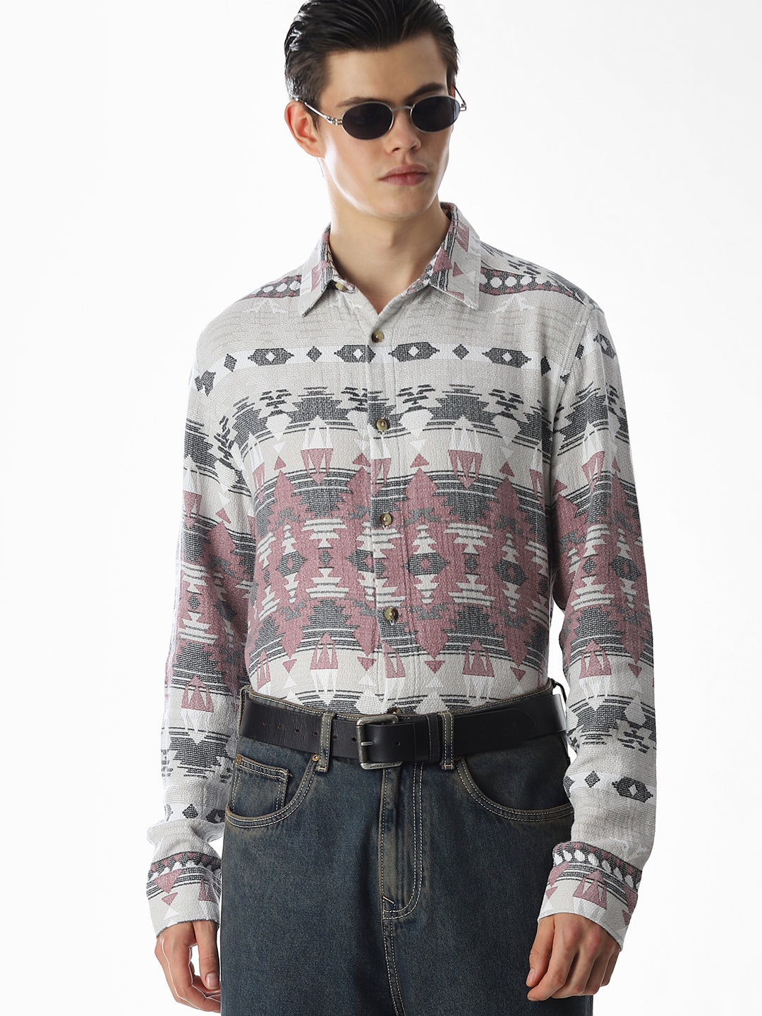 Grey Printed Jacquard Cotton Shirt - S