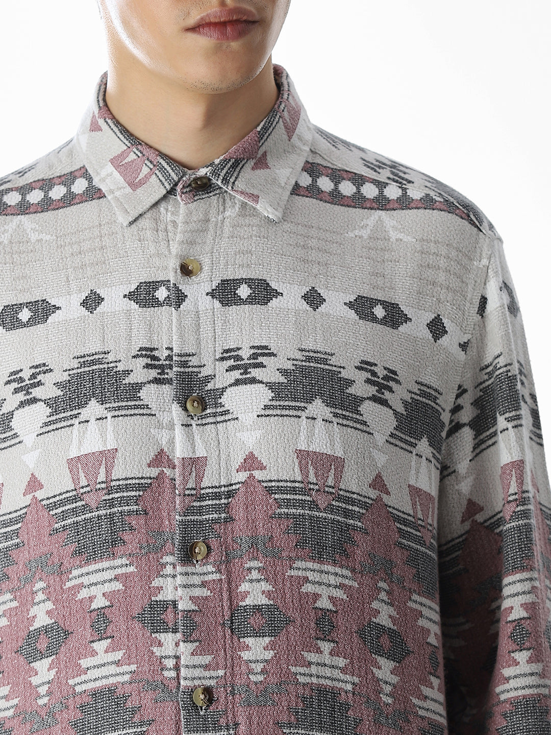 Grey Printed Jacquard Cotton Shirt