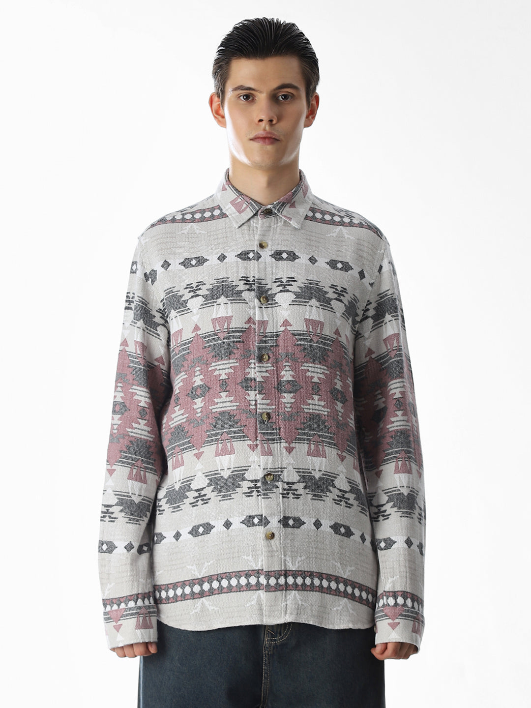 Grey Printed Jacquard Cotton Shirt