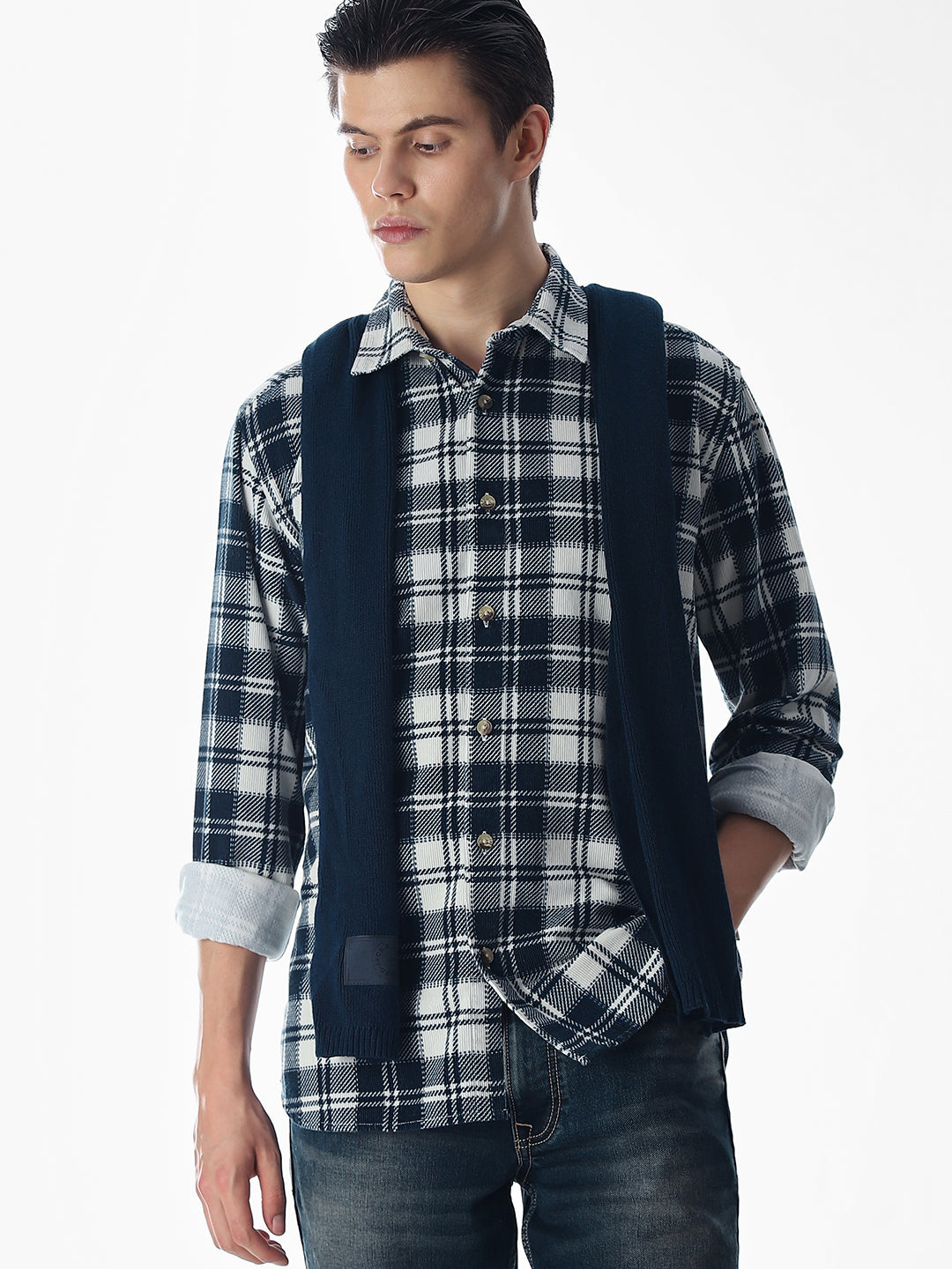 Dark Blue Check Cotton Shirt - S