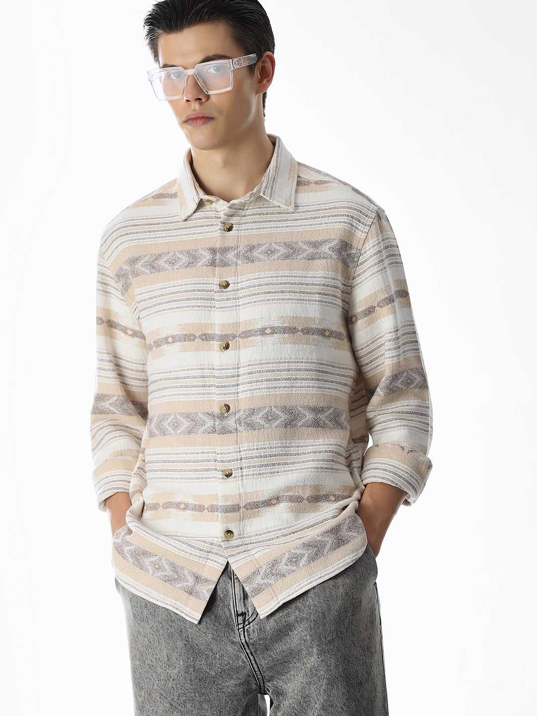 Beige Printed Jacquard Cotton Shirt - M