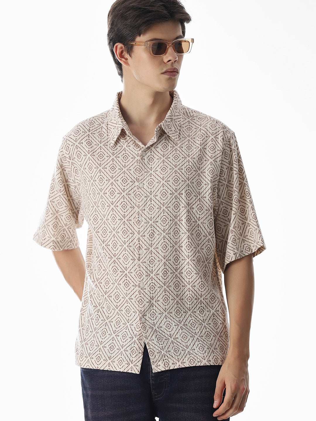 Beige Printed Cotton Oversized Shirt - S