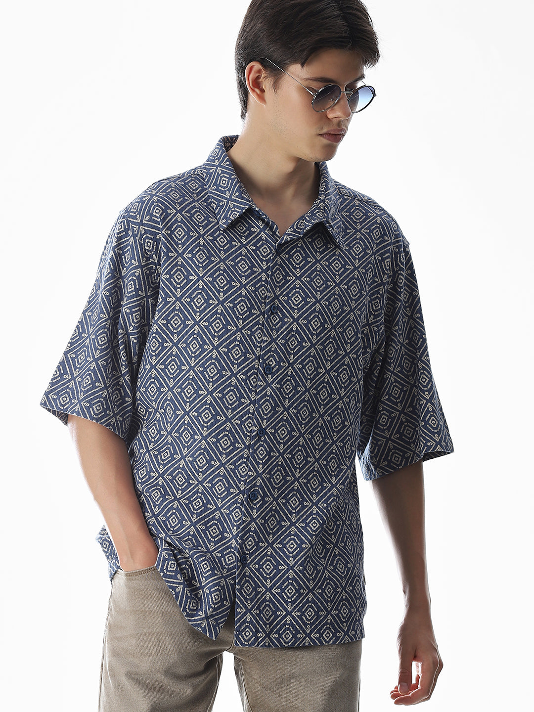 Blue Printed Cotton Short Sleeves Shirt