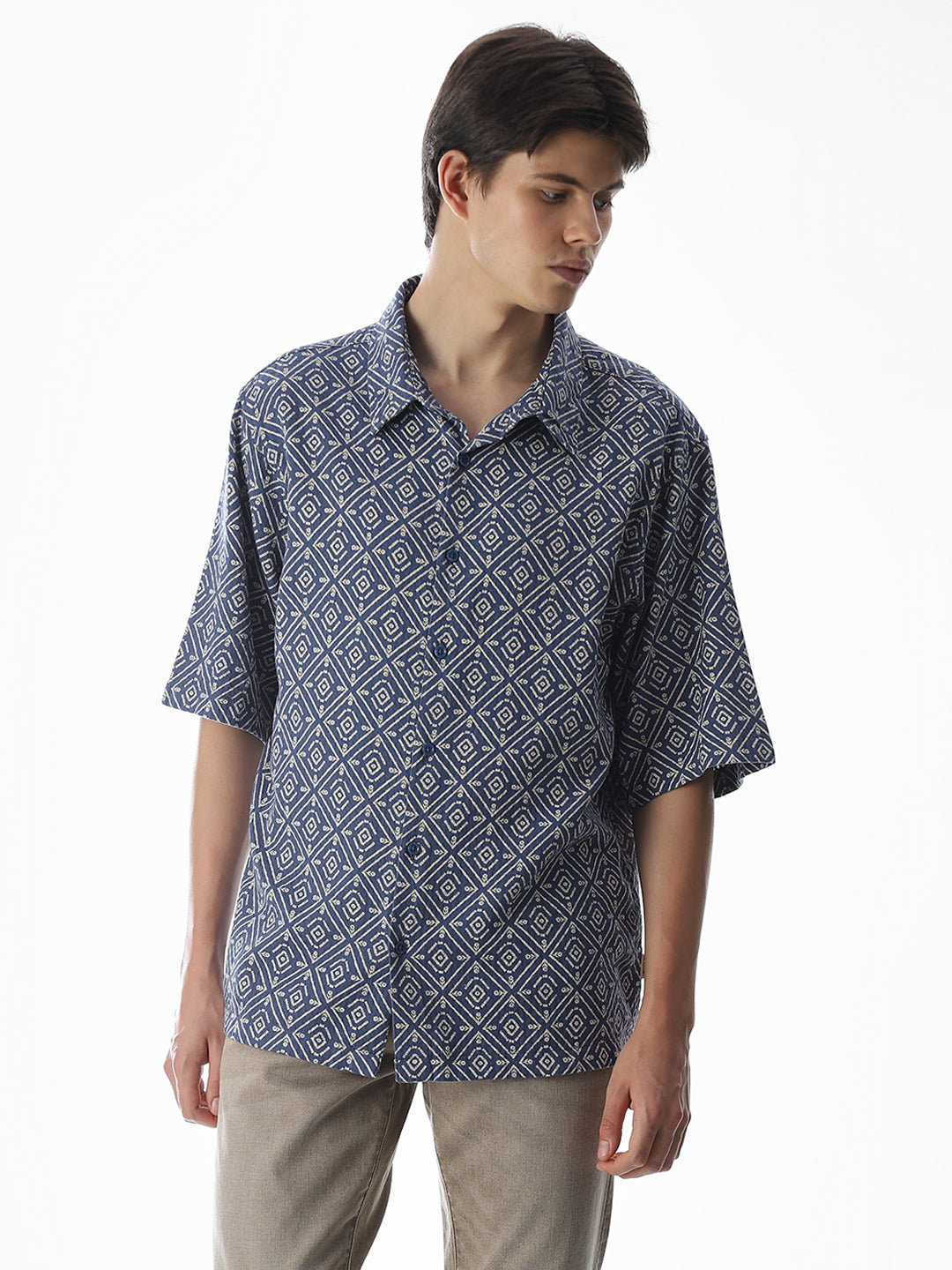 Blue Printed Cotton Short Sleeves Shirt