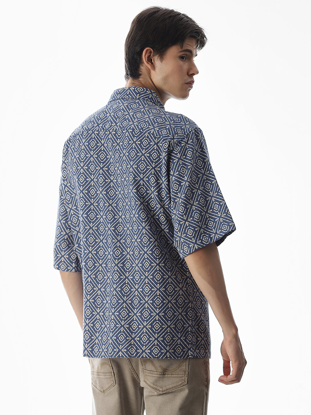 Blue Printed Cotton Short Sleeves Shirt
