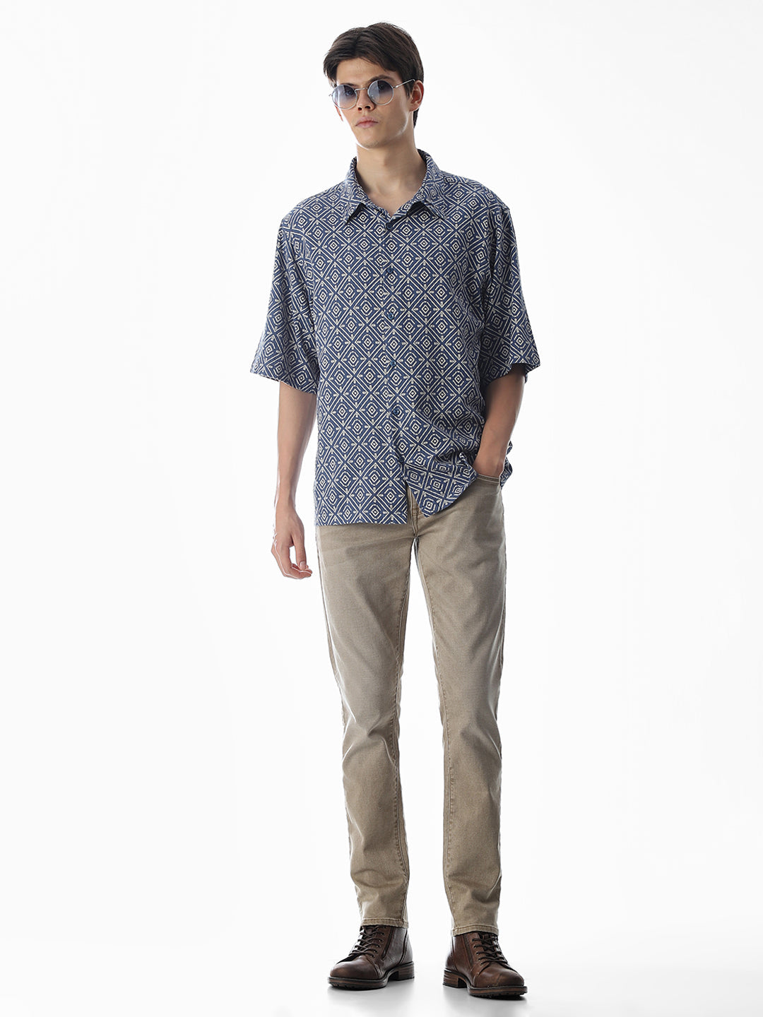 Blue Printed Cotton Short Sleeves Shirt