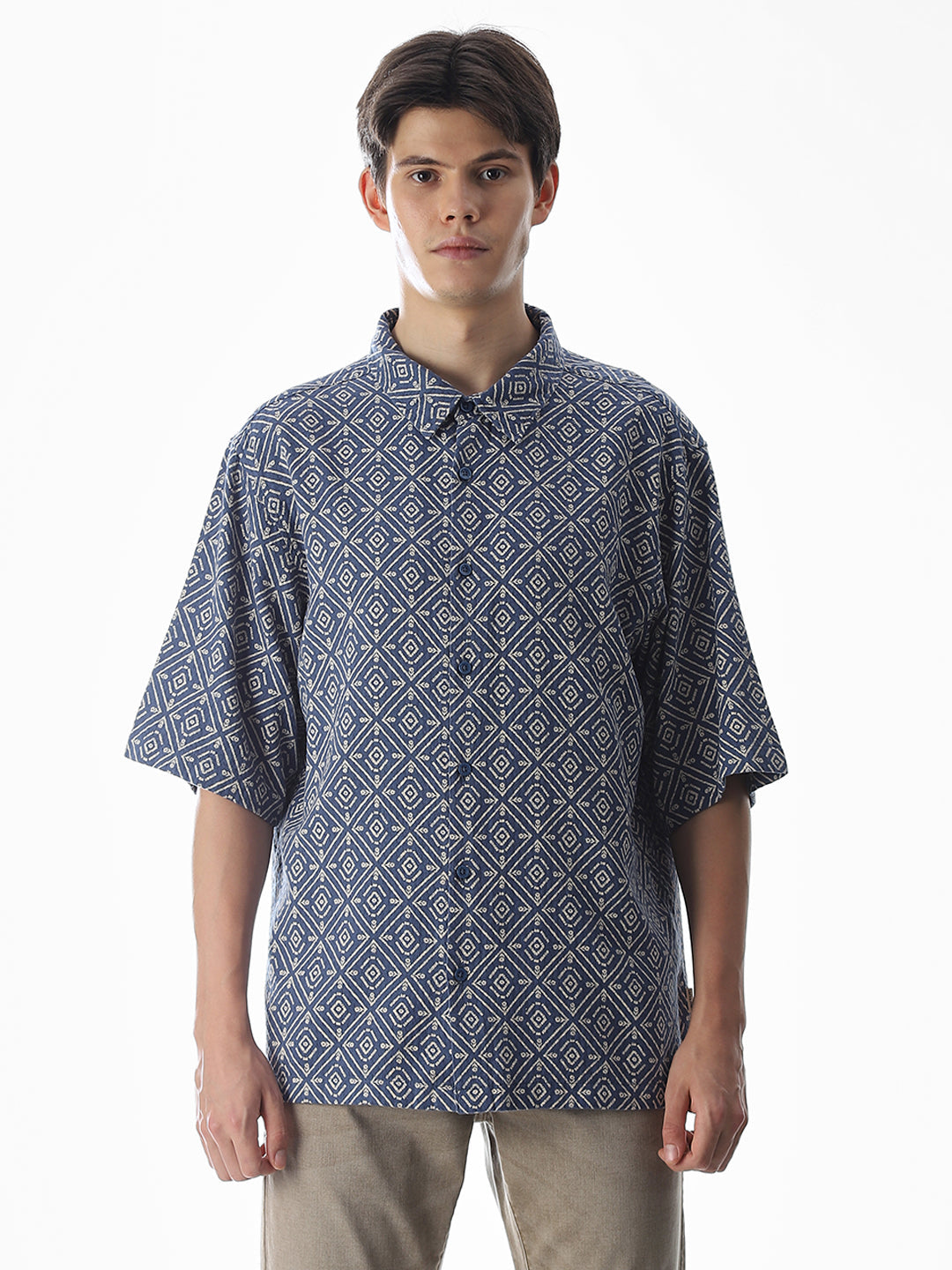 Blue Printed Cotton Short Sleeves Shirt