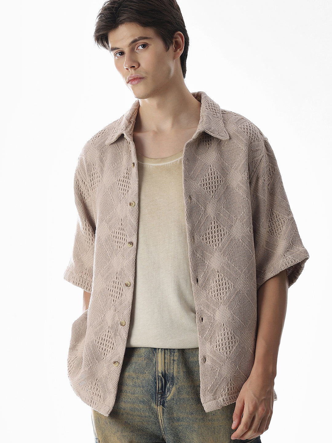 Beige Jacquard Cotton Oversized Shirt - S