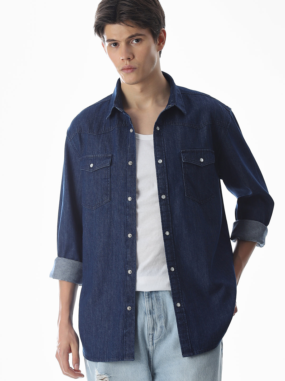 Navy Blue Cotton Full Sleeves Shirt - M
