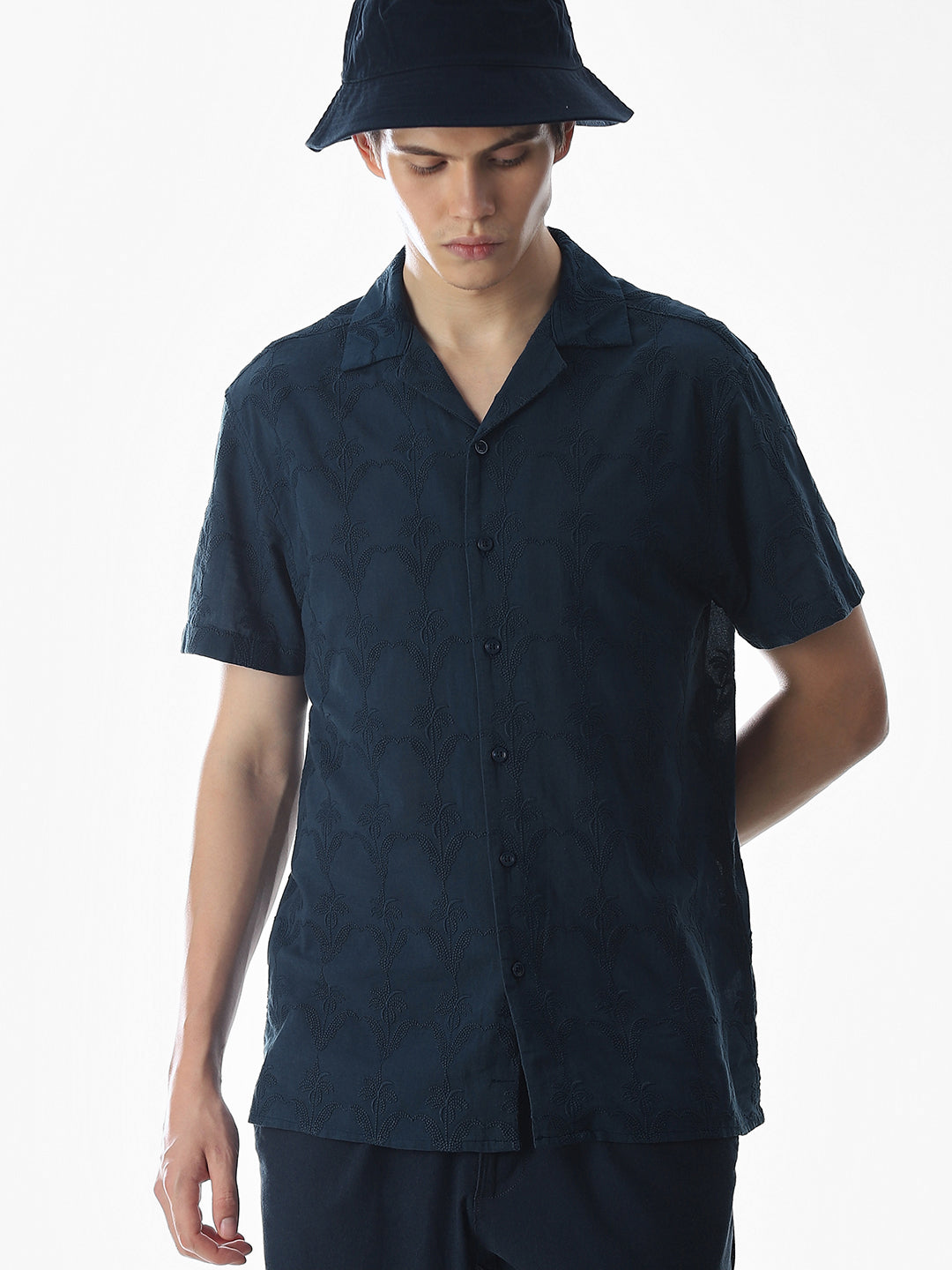 Navy Blue Embroidered Cotton Shirt