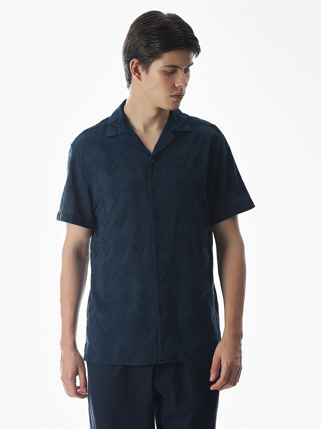 Navy Blue Embroidered Cotton Shirt