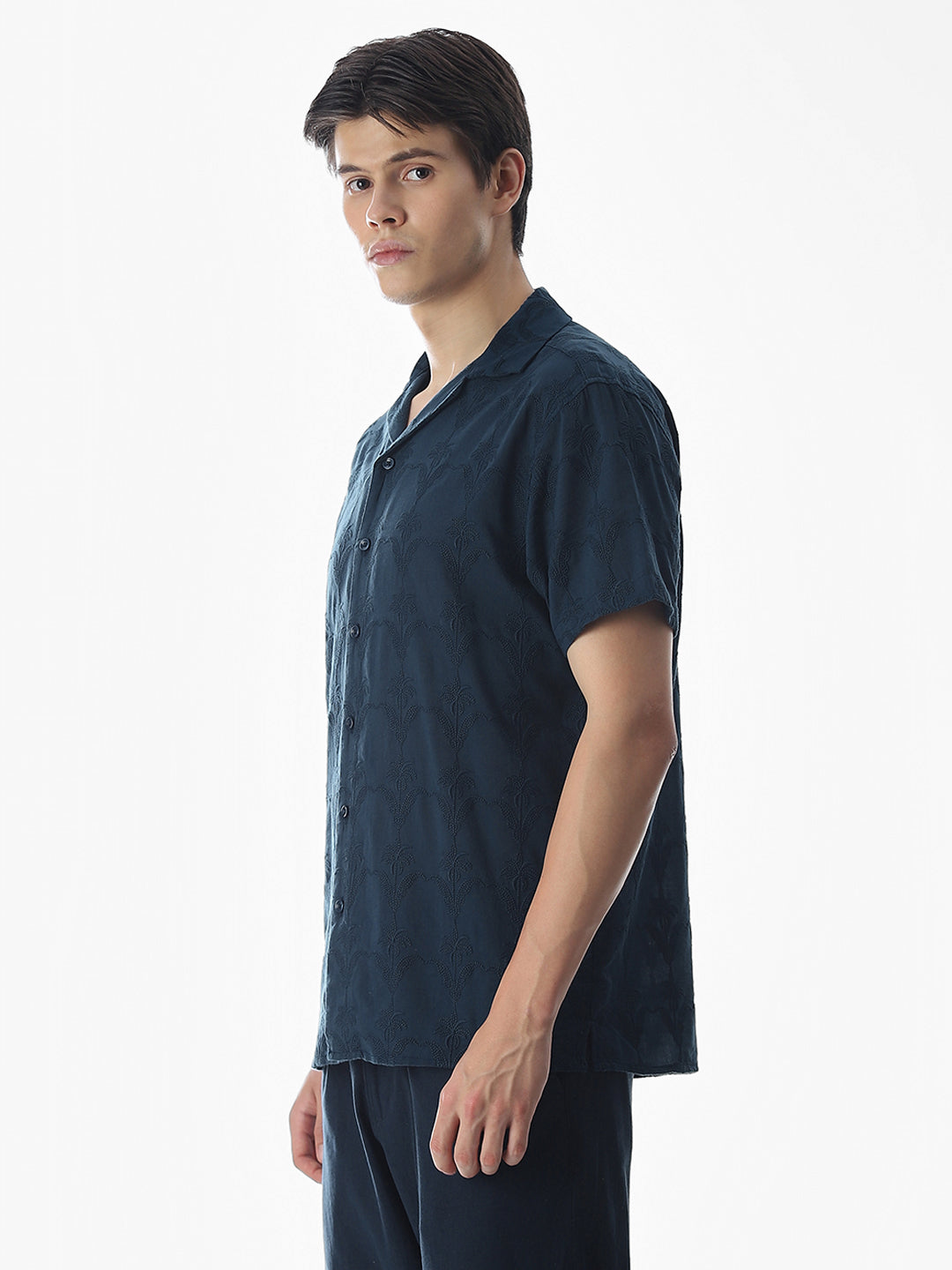 Navy Blue Embroidered Cotton Shirt
