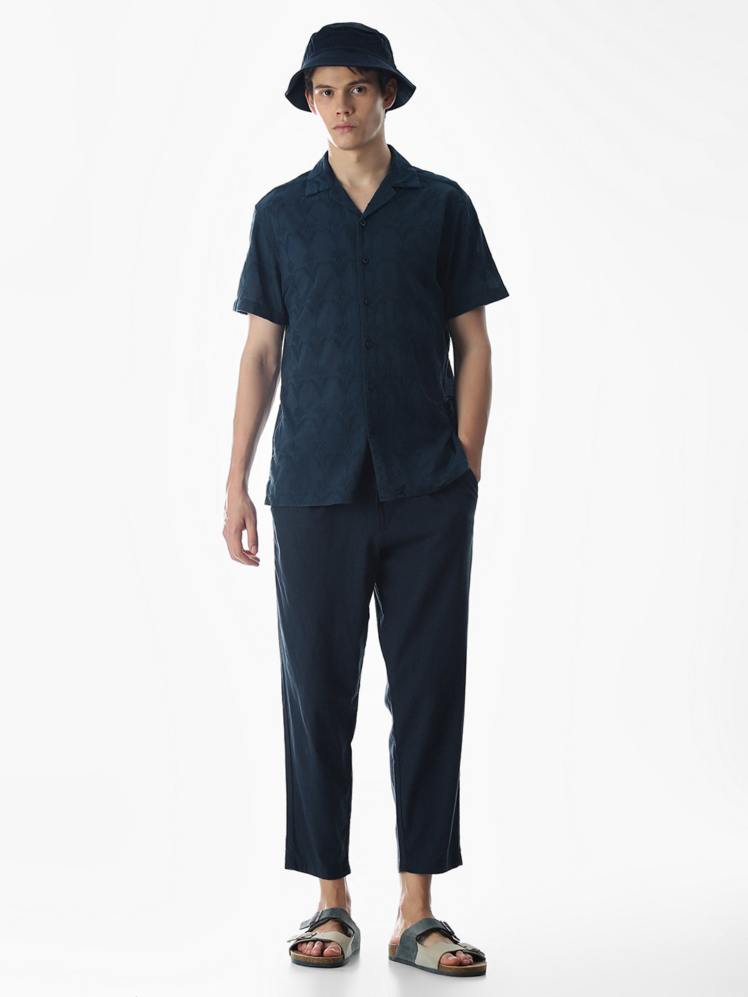 Navy Blue Embroidered Cotton Shirt