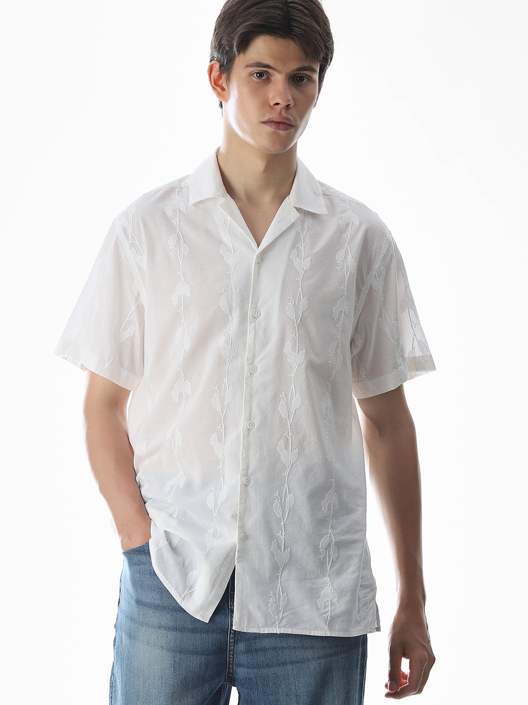 White Embroidered Cotton Shirt - S