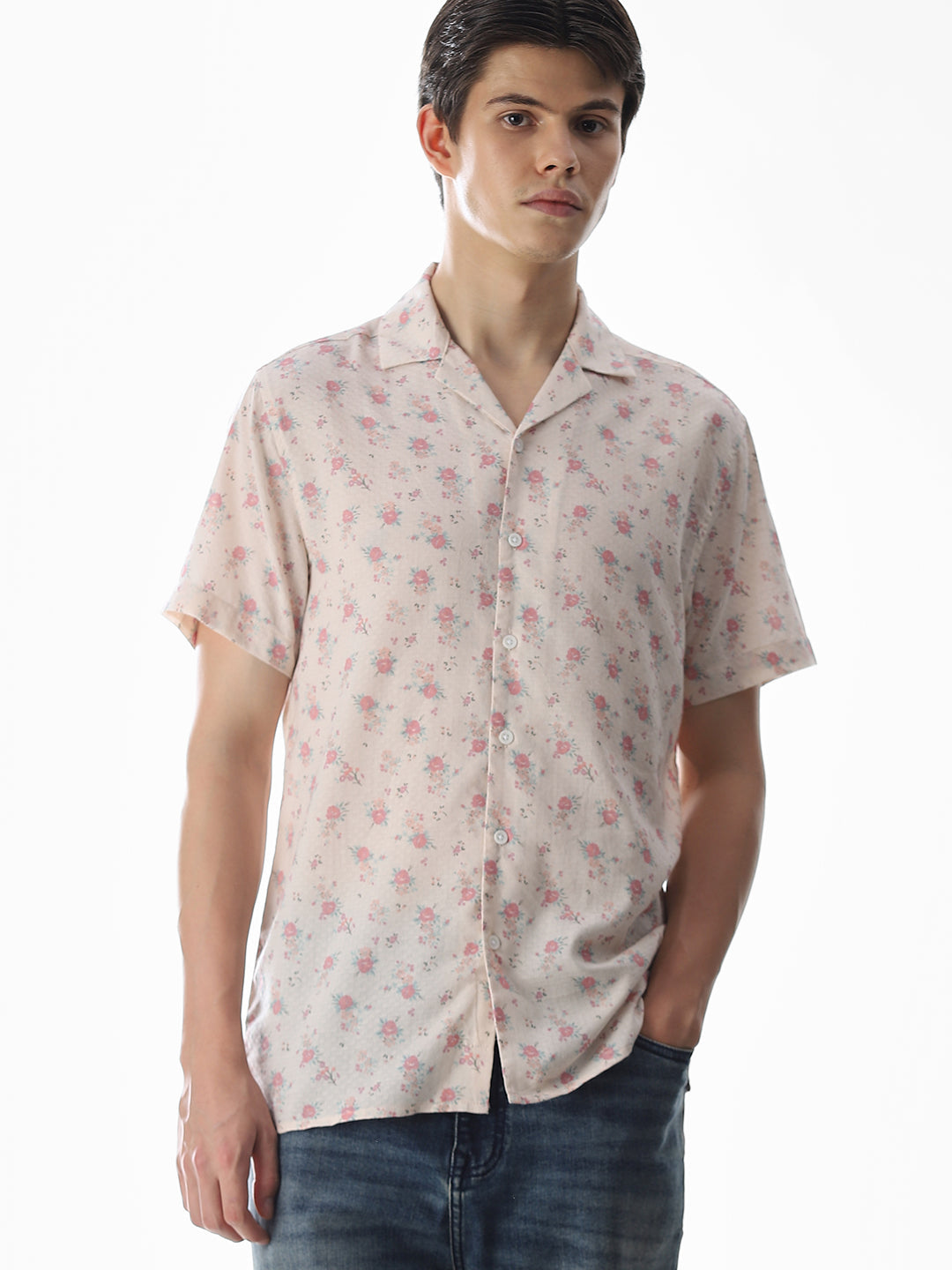 Beige Floral Print Cotton Shirt