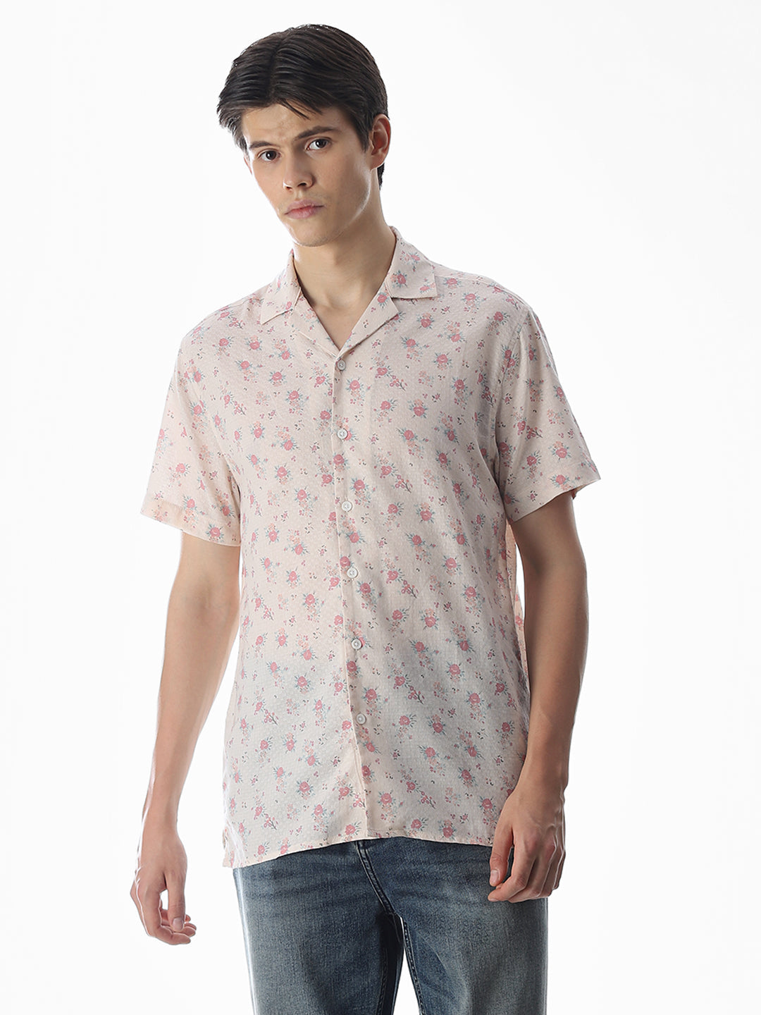 Beige Floral Print Cotton Shirt