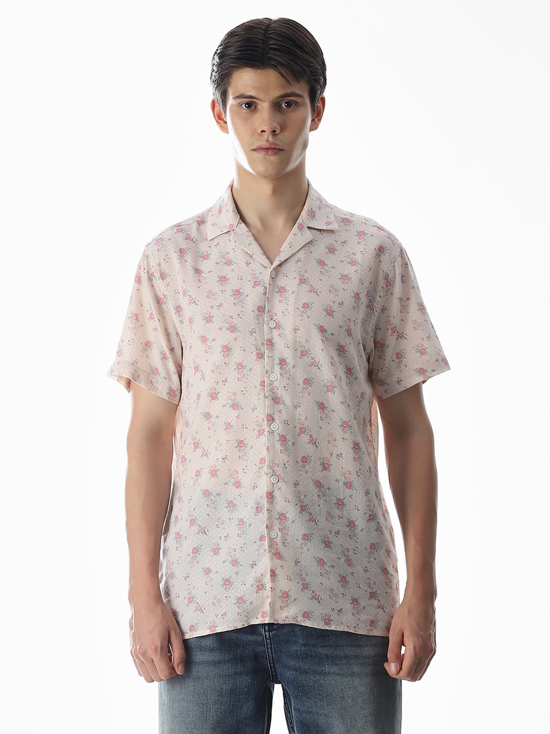 Beige Floral Print Cotton Shirt