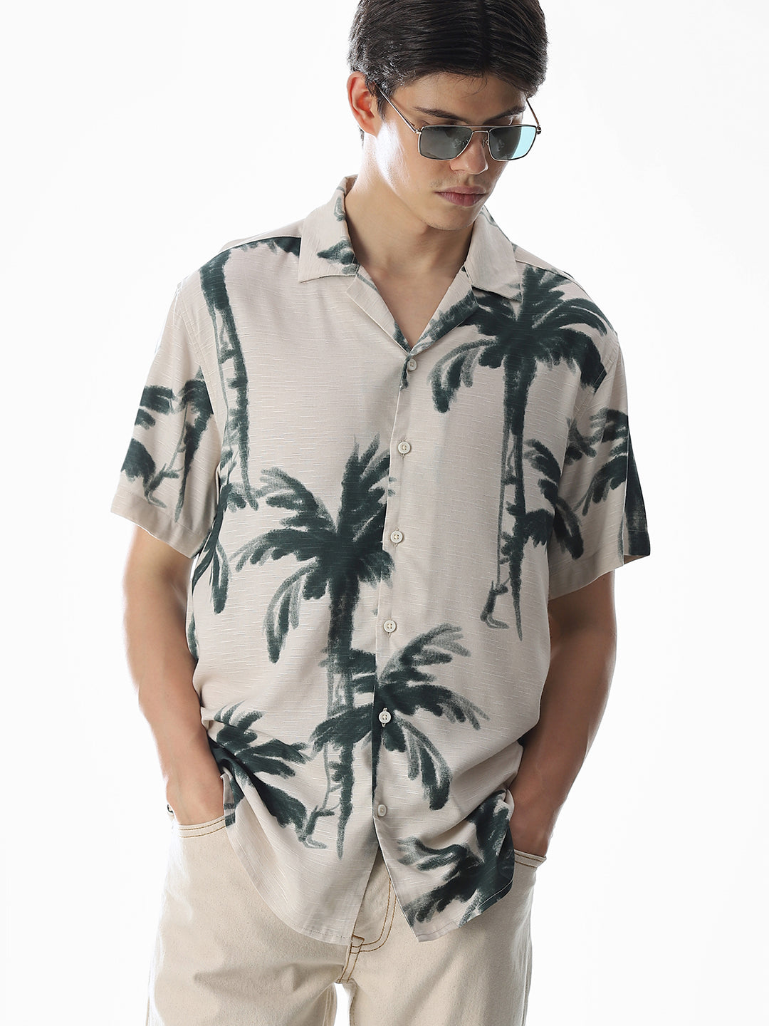 Beige Tropical Print Shirt