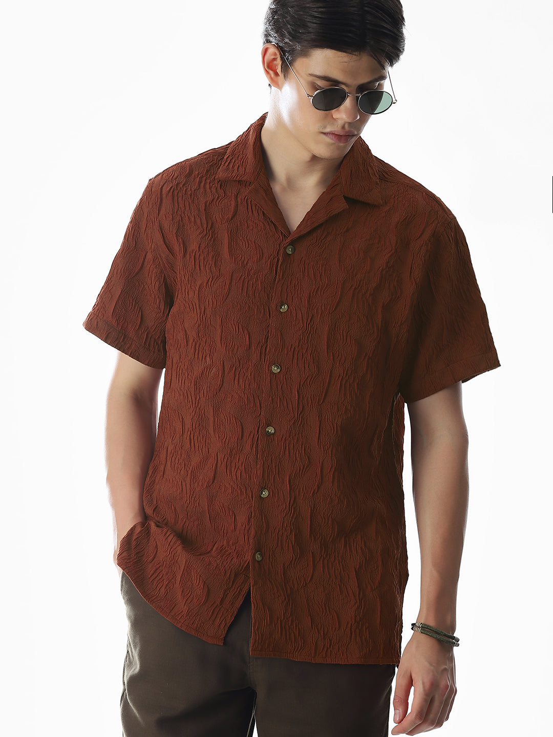 Brown Embroidered Comfort Fit Shirt