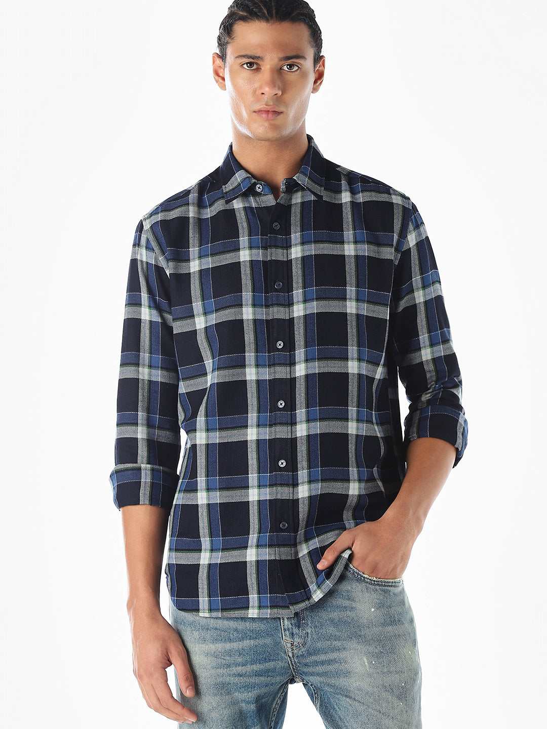 Navy Blue Check Shirt - S