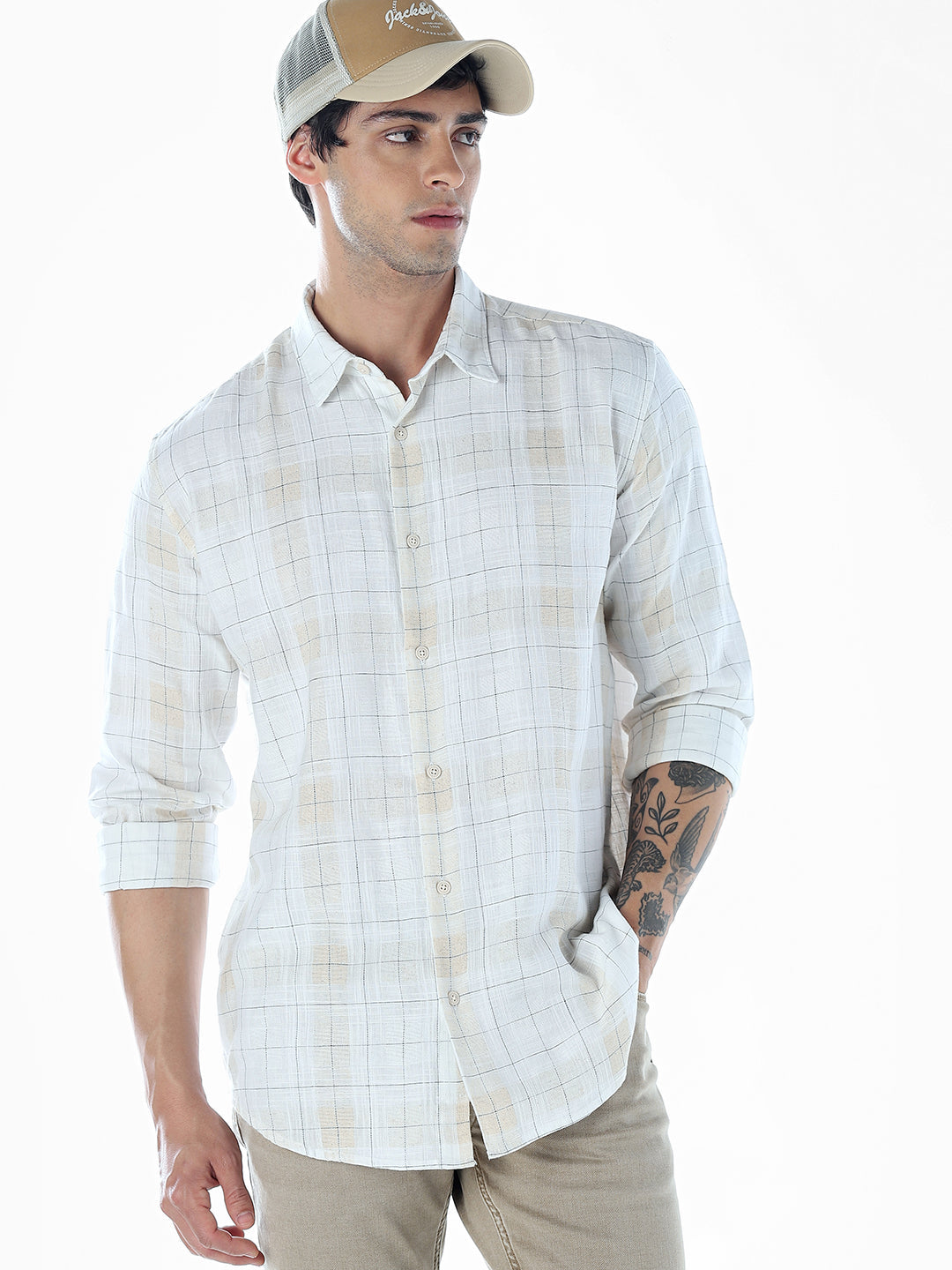 Cotton Linen Blend Check Shirt - M