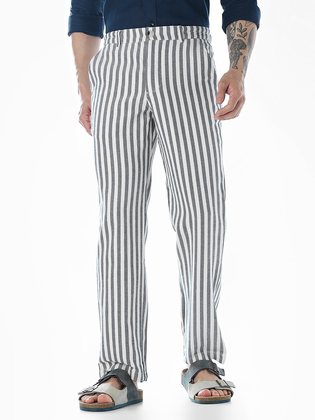 Striped Loose Fit Pants - Blue - S