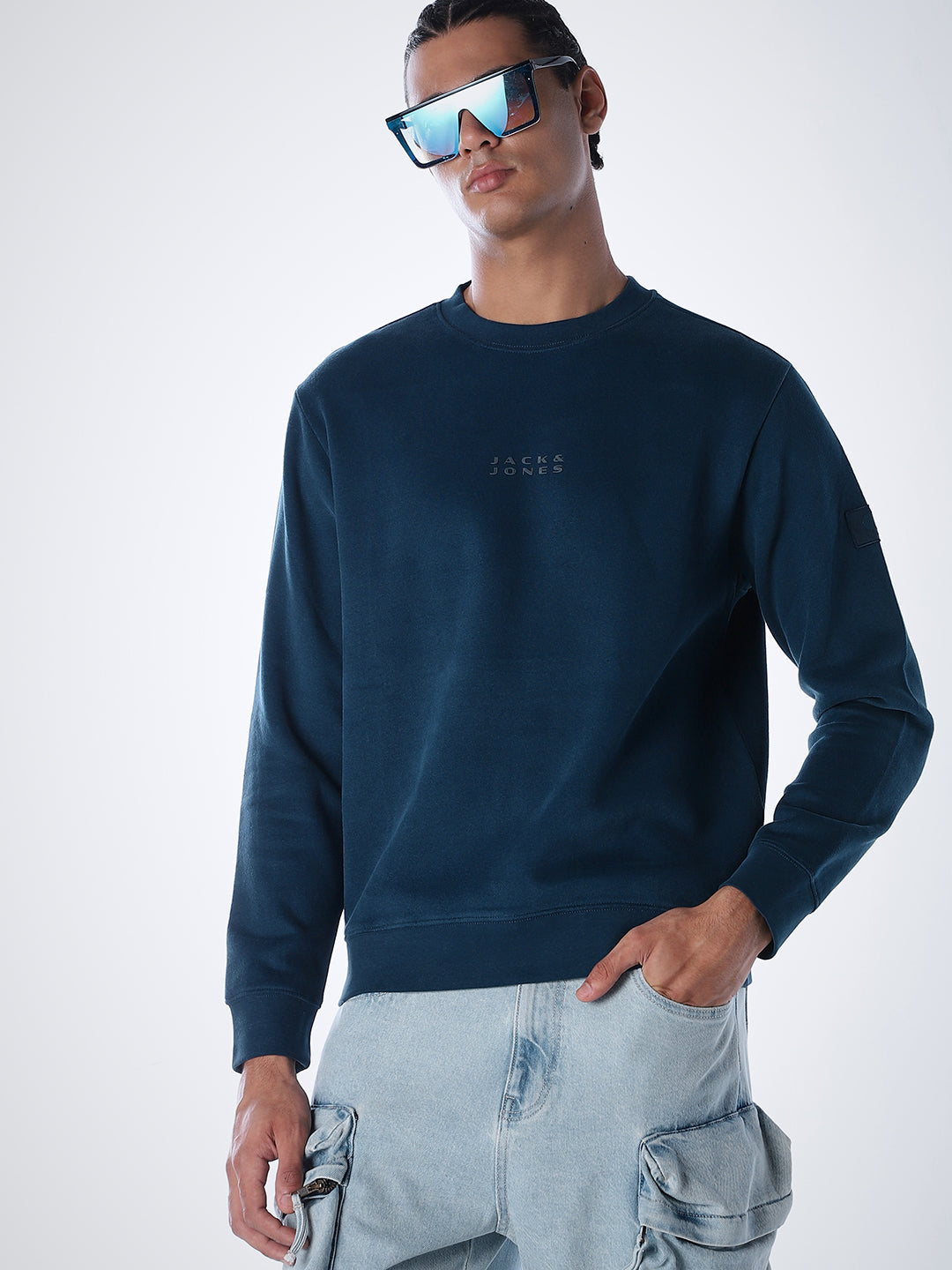 Logo Text Cotton Sweatshirt - Blue - S
