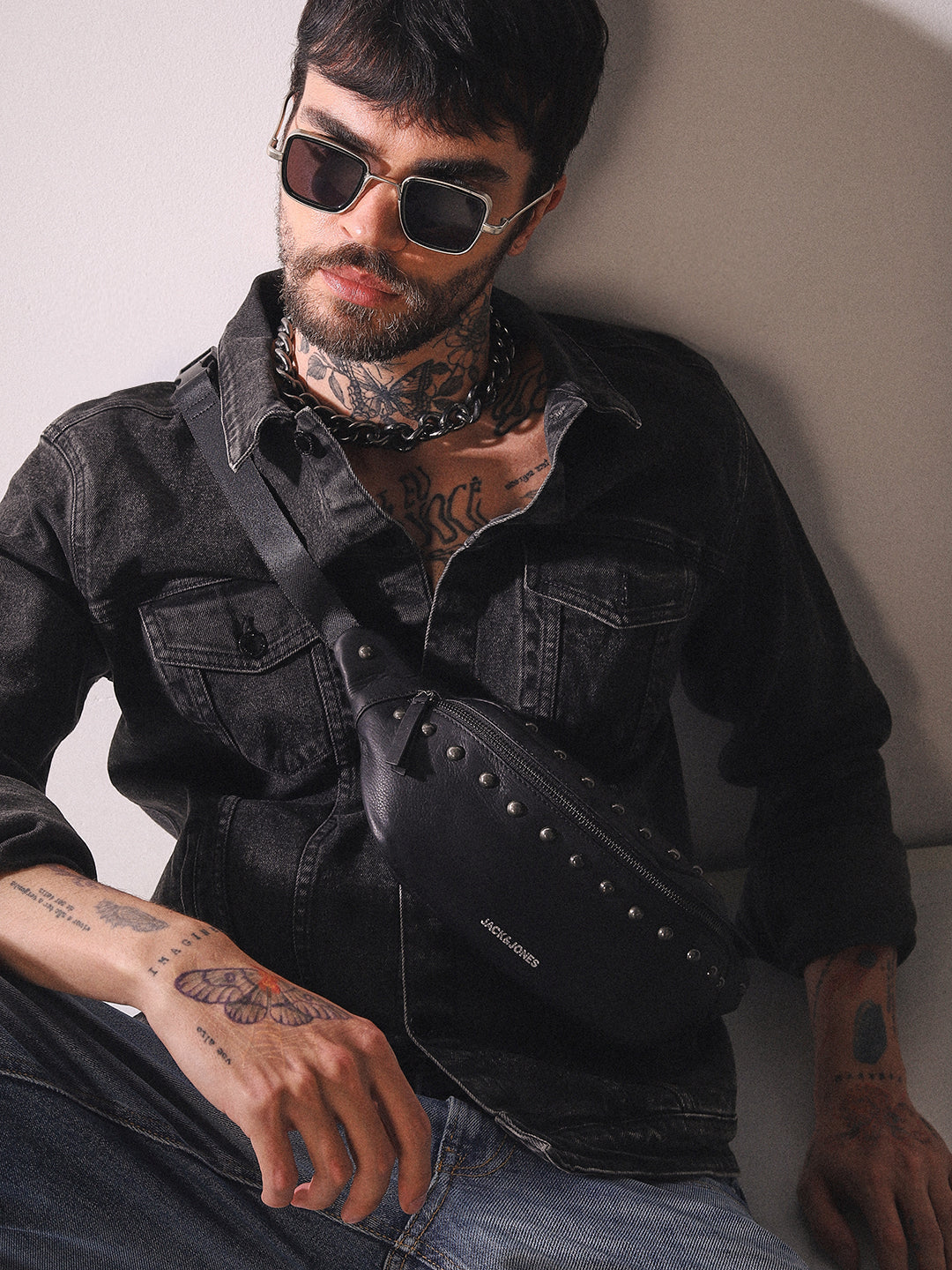 Studded Leather Chest Pack - Black - Free Size