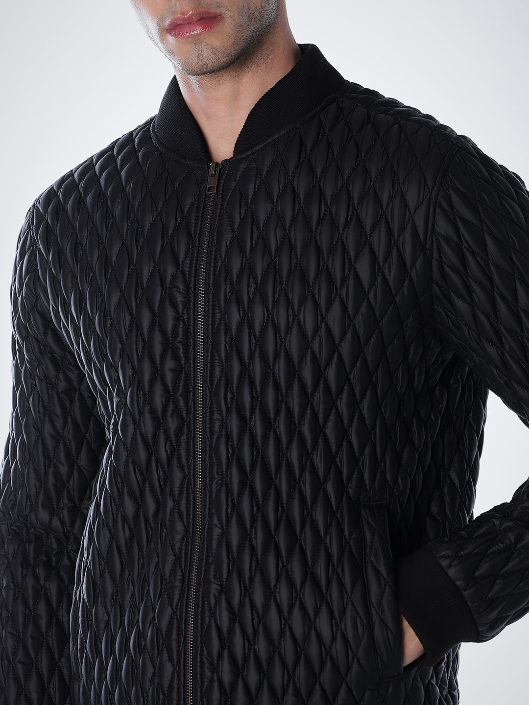 Black Quilted Nylon Bomber Jacket