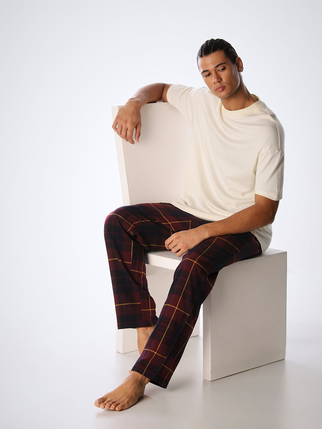Check Cotton Pyjamas - Wine - S
